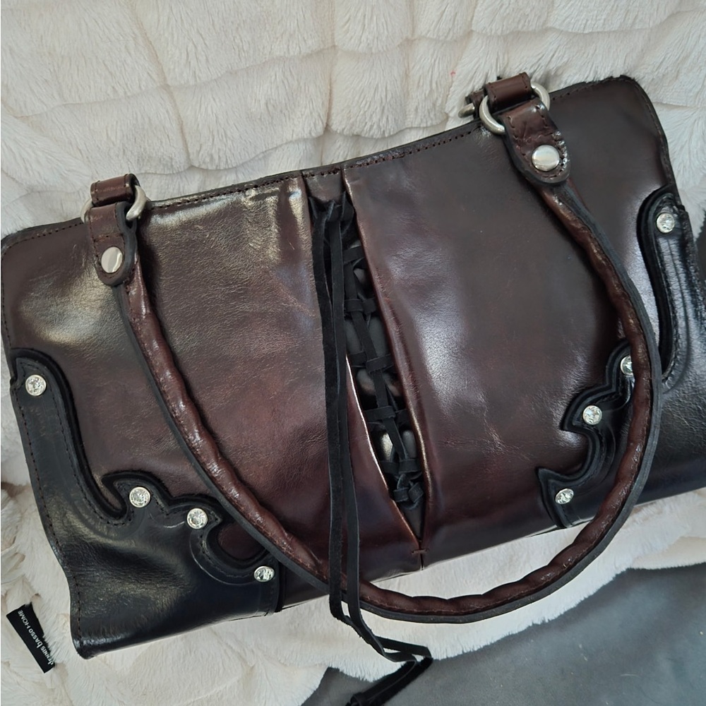 Patricia Nash Brown & Black Leather Shoulder Bag with Lace Detail